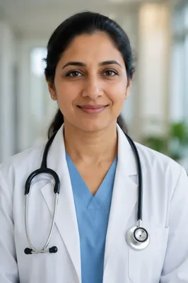 Compassionate Female Doctor Headshot in Clinic