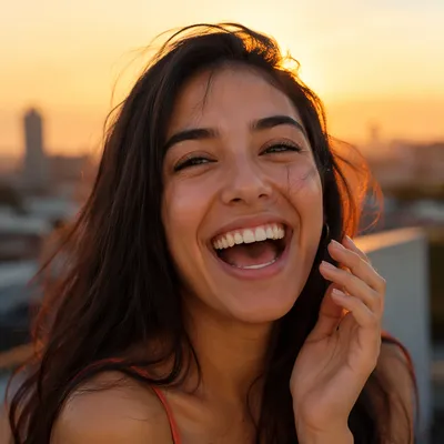Ecstatic Young Woman Laughing on Rooftop
