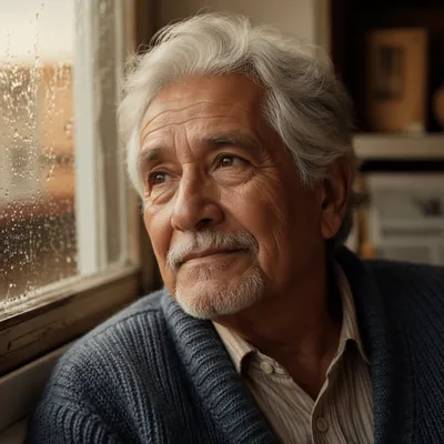 Elderly Man by Rainy Window Close-Up