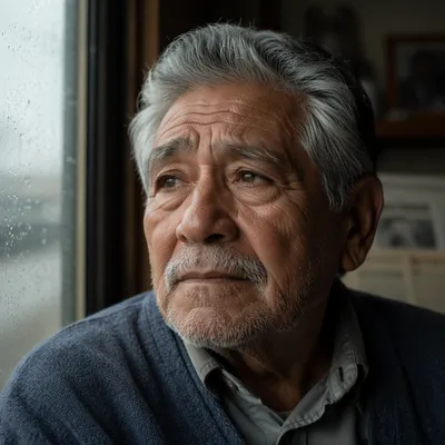 Elderly Man by Rainy Window Close-Up