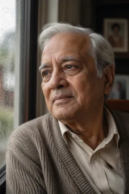 Elderly Man by Rainy Window Close-Up