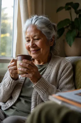 Peaceful Elderly Woman by Sunlit Window