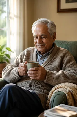 Elderly Man Smiling by Sunlit Window