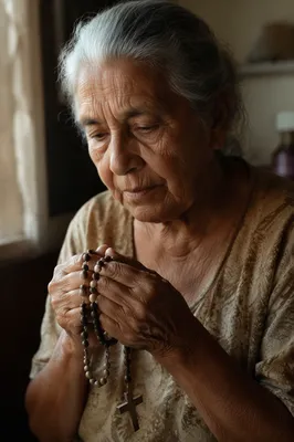 Elderly Woman Praying with Rosary by Window