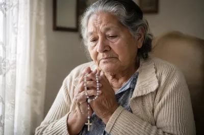 Elderly Woman Praying with Rosary by Window