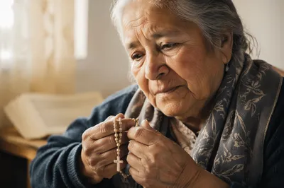 Elderly Woman Holding Rosary by Window