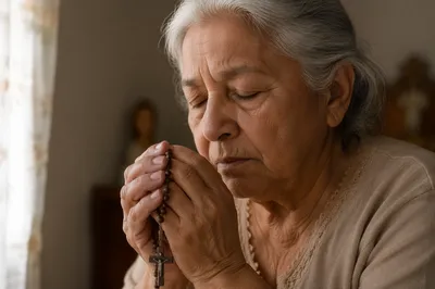 Elderly Woman Praying with Rosary by Window