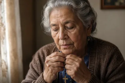 Elderly Woman Praying with Rosary by Window