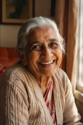 Smiling Elderly Woman by Sunlit Window