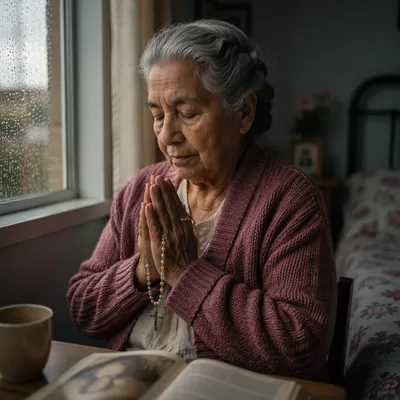 Elderly Woman Praying by Window at Dawn