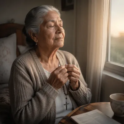 Elderly Woman Praying with Rosary at Dawn