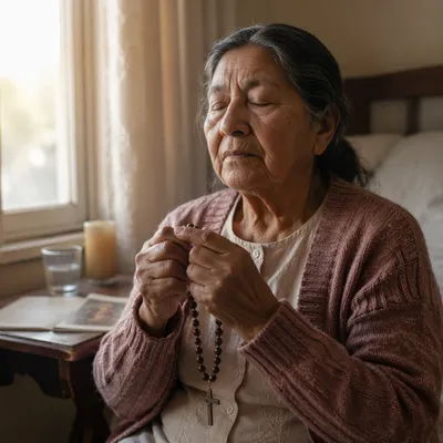 Elderly Woman Praying with Rosary at Dawn