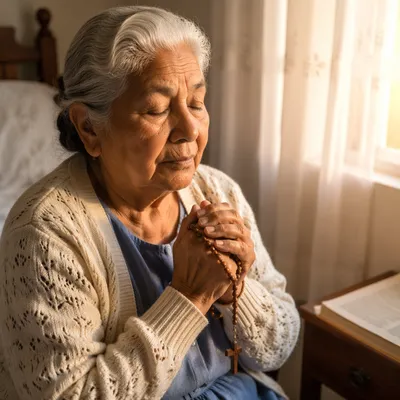 Elderly Woman Praying by Bedroom Window