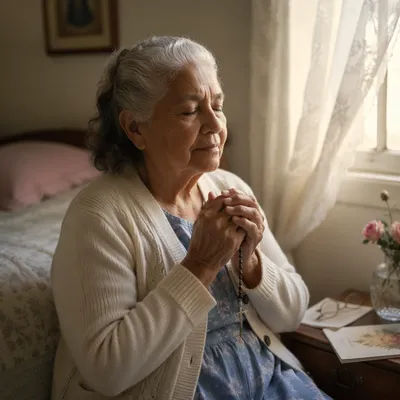 Elderly Woman Praying by Bedroom Window