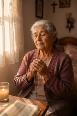 Elderly Woman Holding Rosary by Window