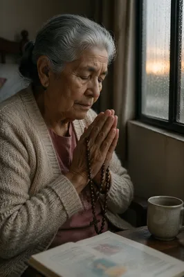 Elderly Woman Praying by Rainy Window