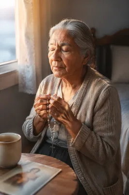 Elderly Woman Praying with Rosary by Window