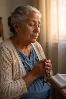 Elderly Woman Praying with Rosary by Window