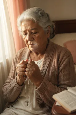 Elderly Woman Praying with Rosary at Dawn