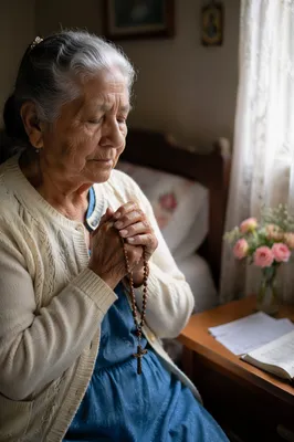 Elderly Woman Praying by Bedroom Window