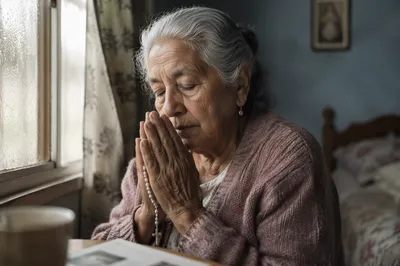 Elderly Woman Praying by Window at Dawn
