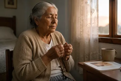 Elderly Woman Praying with Rosary by Window