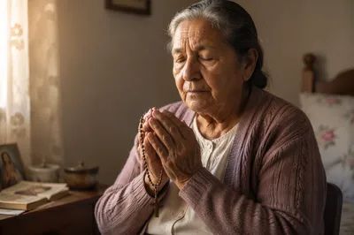 Elderly Woman Praying with Rosary by Window