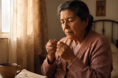 Elderly Woman Praying with Rosary at Dawn