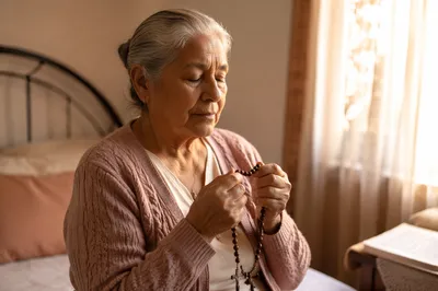 Elderly Woman Praying with Rosary at Dawn