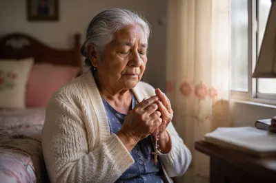 Elderly Woman Praying by Bedroom Window