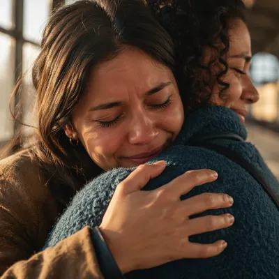 Emotional Sisters Reunion on Sunlit Platform