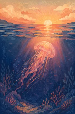 Eternal Life Sunrise with Ocean Jellyfish
