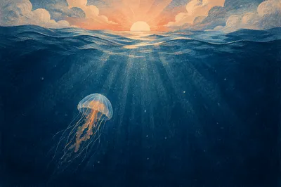 Eternal Hope Jellyfish Beneath Ocean Sunrise