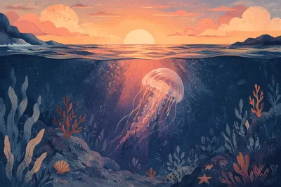 Eternal Life Sunrise With Drifting Jellyfish
