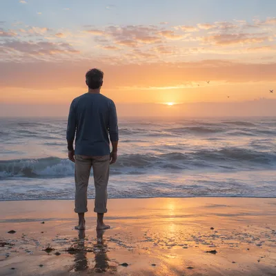 Lone Figure Watching Sunrise Over Ocean
