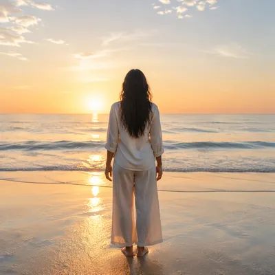 Woman at Sunrise on Quiet Beach