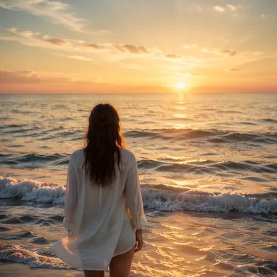 Young Woman at Sunrise Ocean Shore