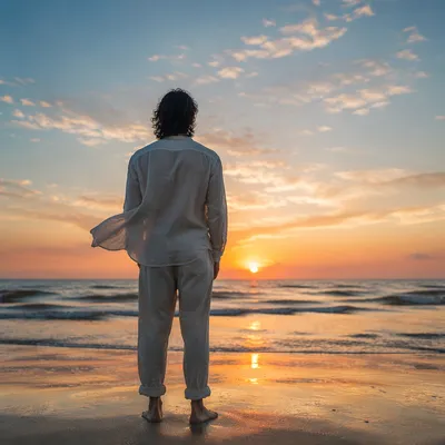 Solitary Figure Watching Sunrise Over Ocean