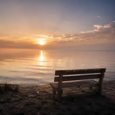 Sunrise Over Calm Ocean With Bench