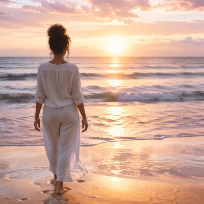 Woman Watching Sunrise Over Calm Ocean