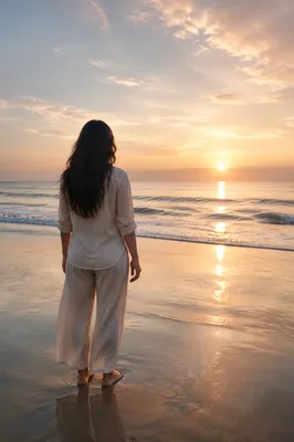 Woman at Sunrise on Quiet Beach