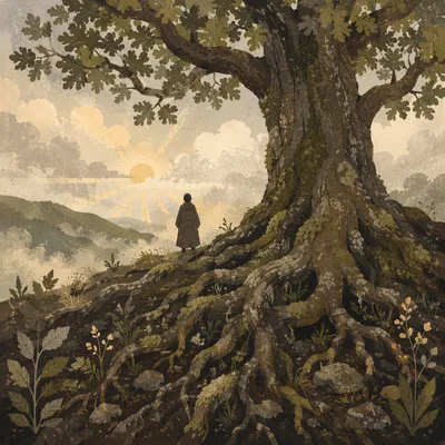 Faithful Oak Roots in Morning Mist