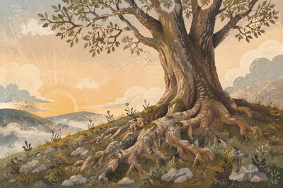 Ancient Tree with Deep Roots at Dawn