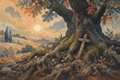 Faithful Oak Roots with Wooden Cross