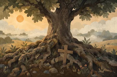 Faithful Oak Roots Holding a Wooden Cross