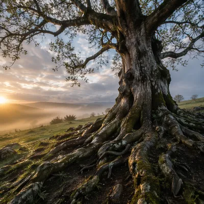Ancient Tree with Deep Roots at Sunrise