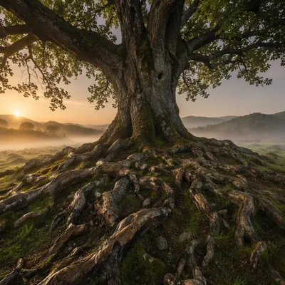 Ancient Tree with Exposed Roots at Dawn
