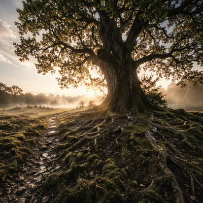 Ancient Tree with Exposed Roots at Dawn
