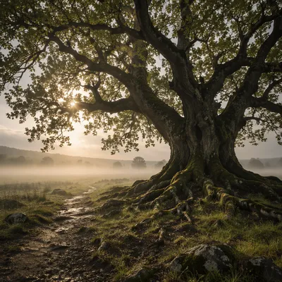 Ancient Tree with Exposed Roots at Dawn