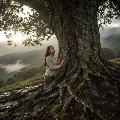 Ancient Tree with Exposed Roots at Dawn